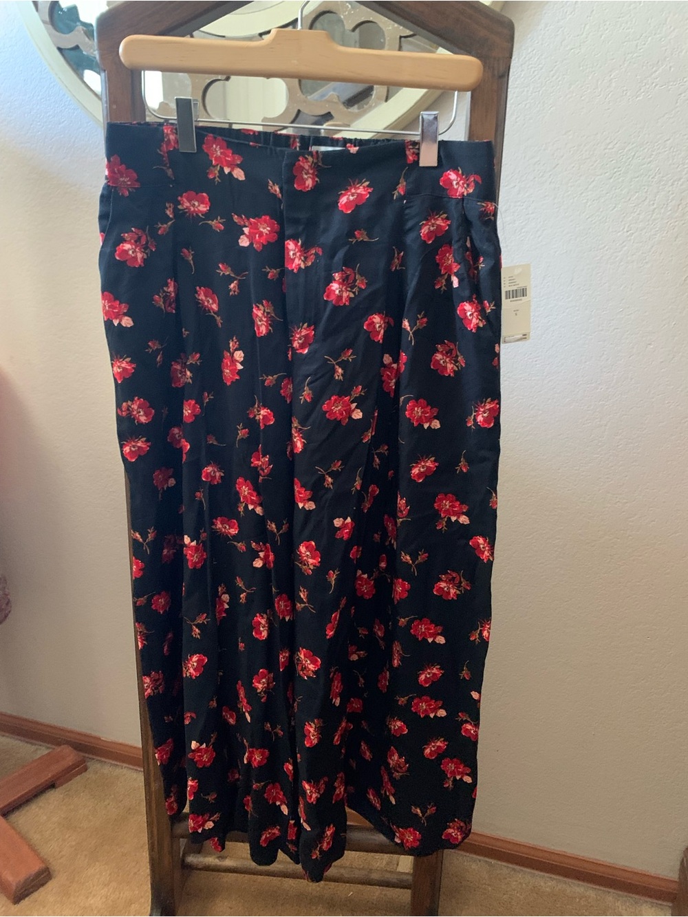 Black Floral Midi Skirt with Red Rose Print